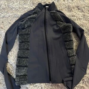 Women's Black Bomber Jacket with Gray Faux-Fur Panels